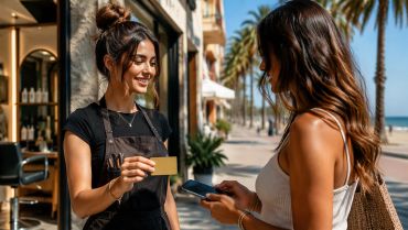 Customer paying with card at outdoor cafe.