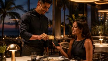 Man paying bill with card to smiling woman at restaurant.