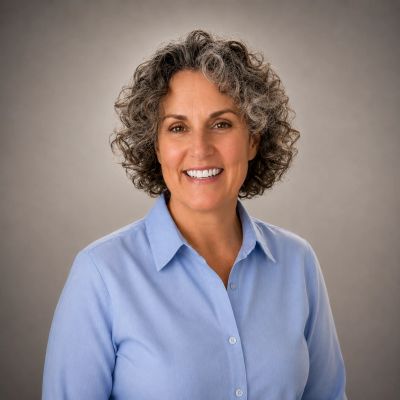 Smiling woman with curly gray hair wearing a light blue shirt.