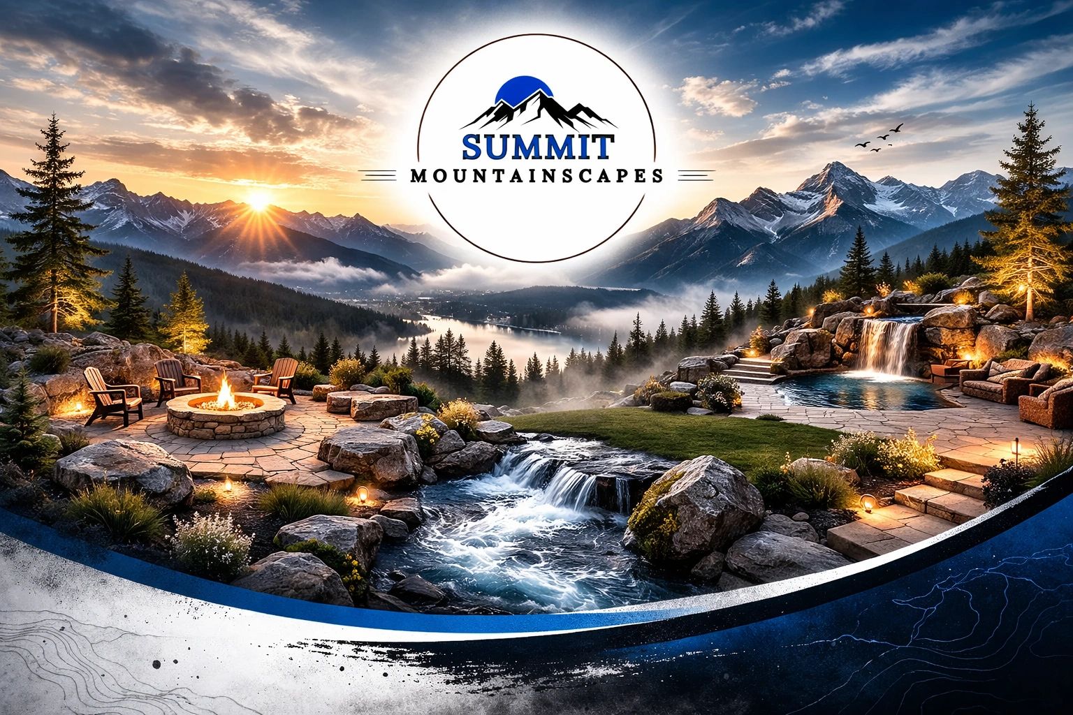 Scenic mountain landscape with fire pit, waterfall, and river at sunset.