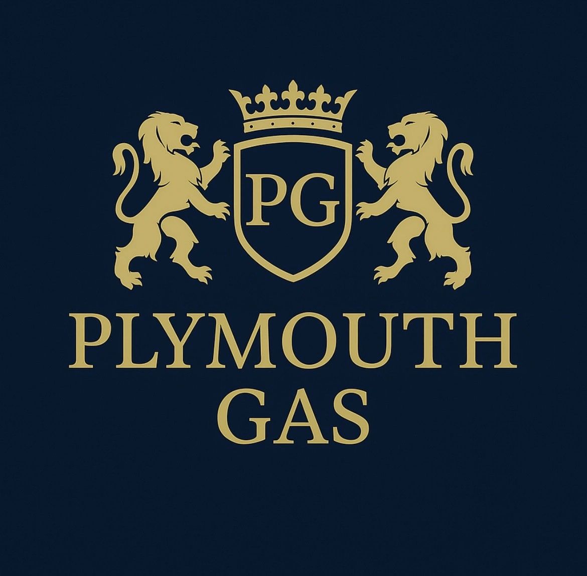 Elegant Plymouth Gas logo with lions and crown in gold on dark blue.