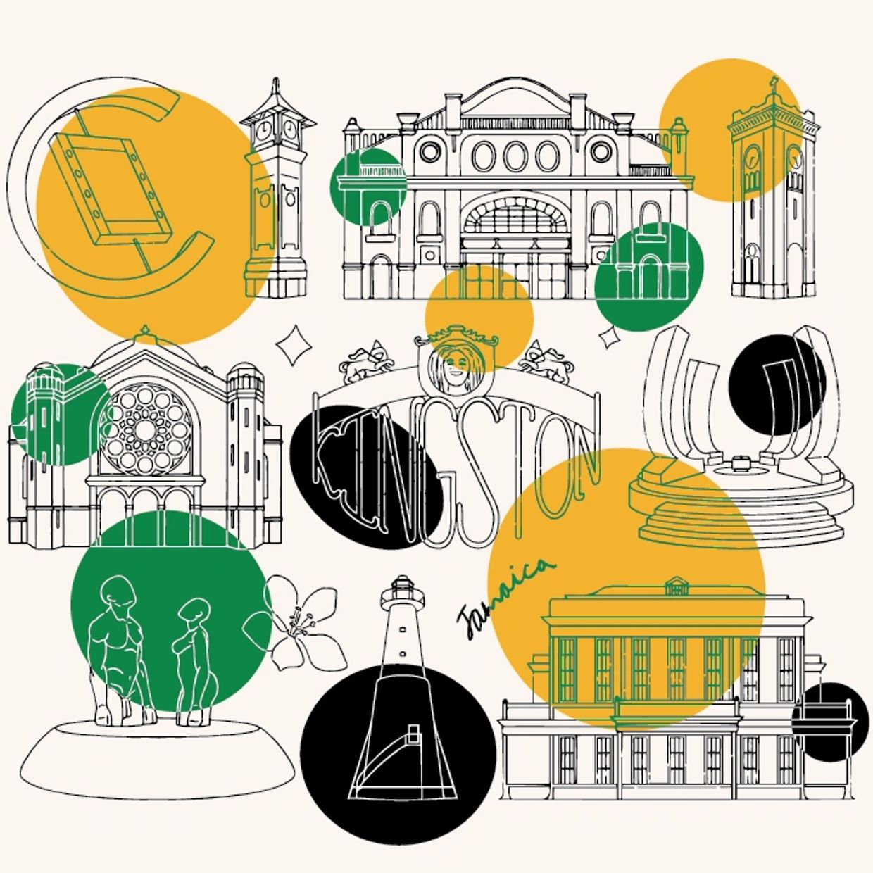 Line art of Kingston, Jamaica landmarks with colorful circles.