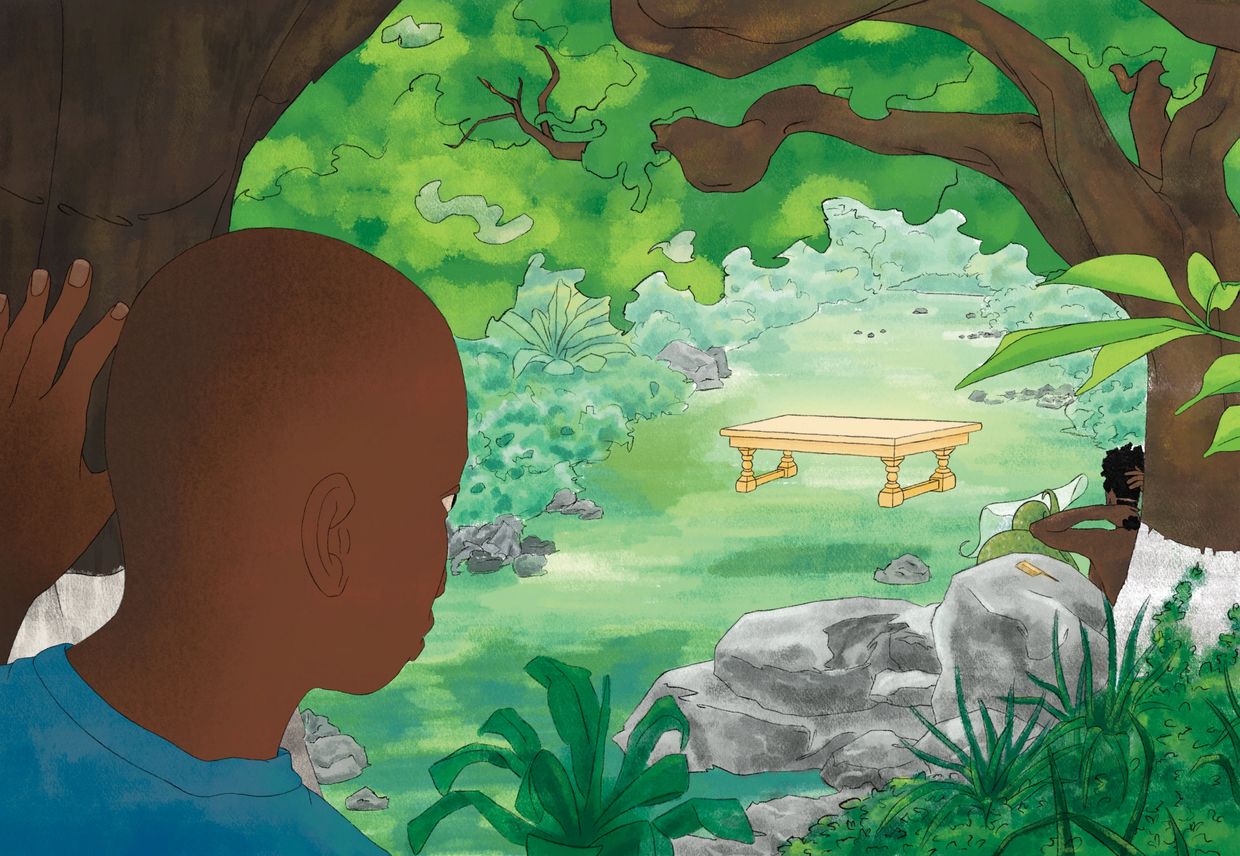A man hides behind a tree, watching another man near a table in a lush green clearing.