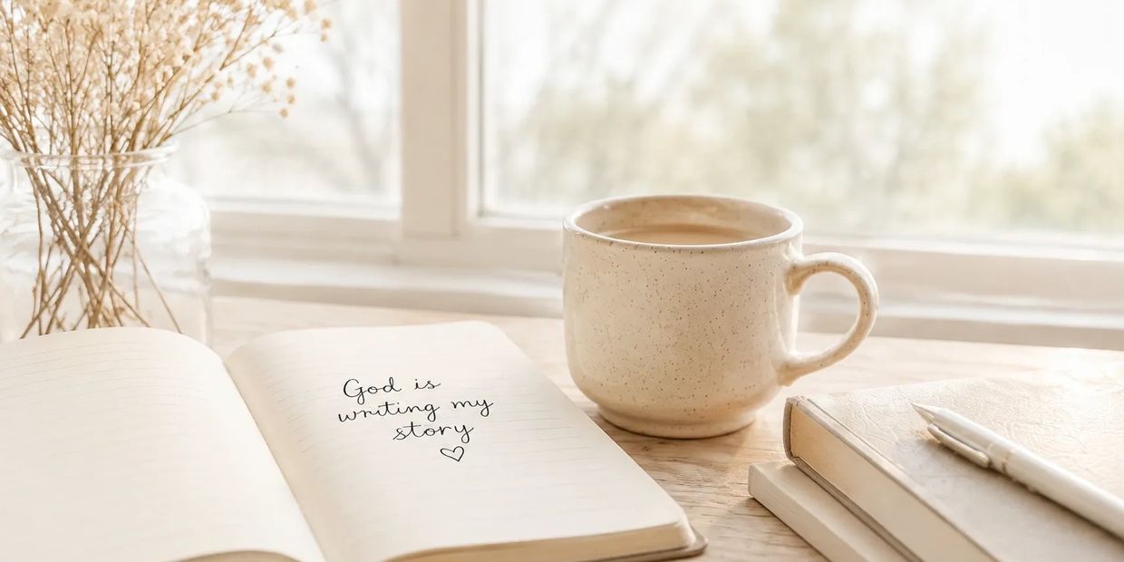 A cozy scene with a journal, coffee, and books by a window.
