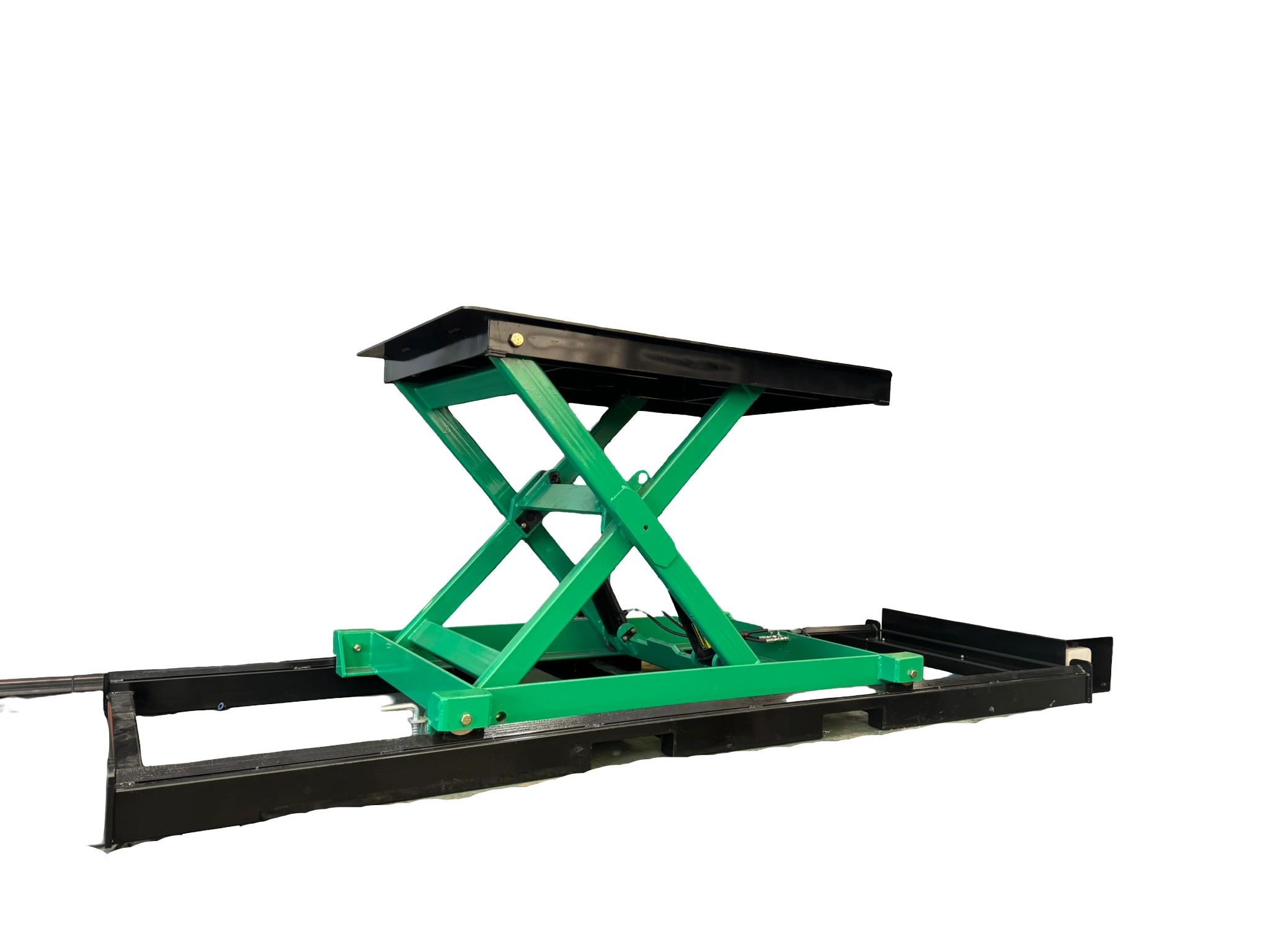 Green and black scissor lift platform isolated on white background.