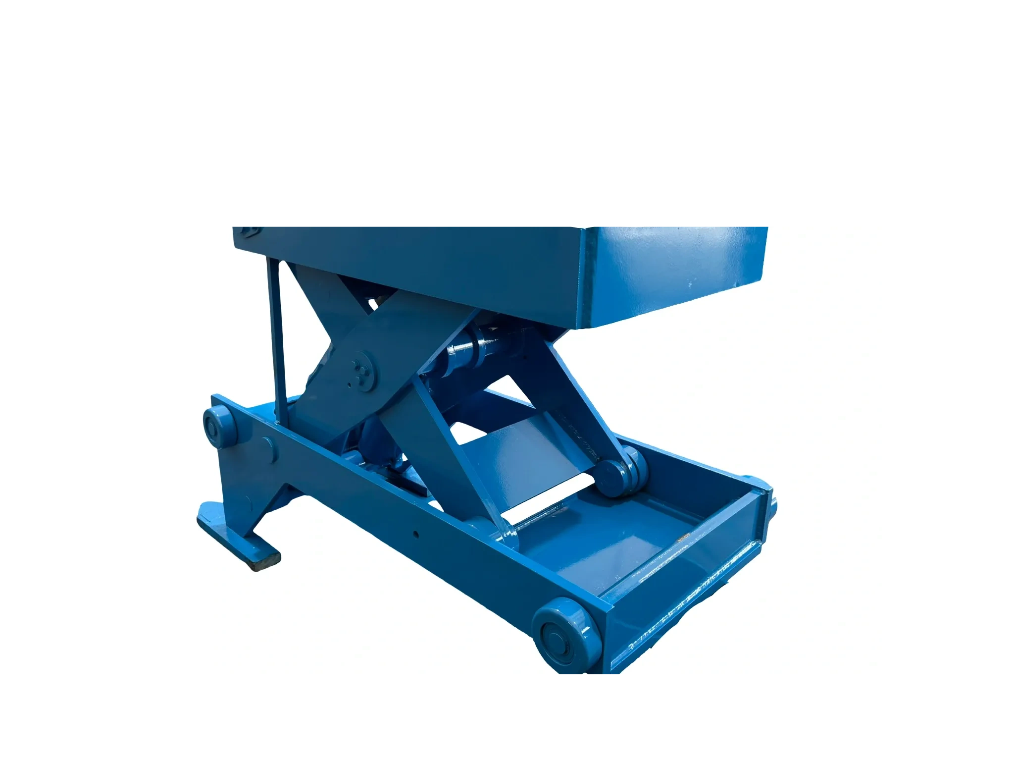Blue industrial scissor lift mechanism close-up.