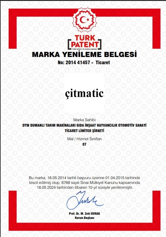 Turkish trademark renewal certificate for 'çitmatic' by DTM Dumanlı Tarım.