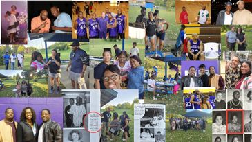 A collage of diverse groups and individuals at outdoor and indoor events, showcasing community and sports moments.
