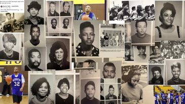 Collage of vintage yearbook photos and basketball moments from G-Dubb Washington High School.