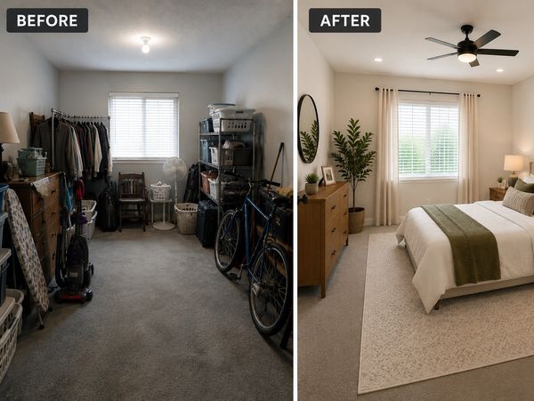 Room transformed from cluttered storage to a cozy, stylish bedroom.