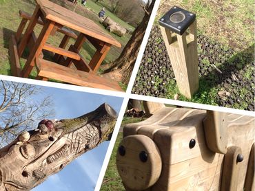 Collage of wooden outdoor furniture and art in a park setting.