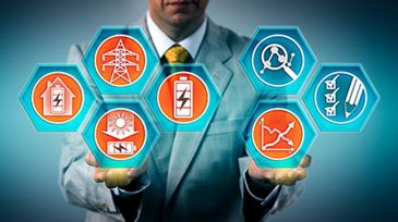 infrastructure management, likely within the context of smart grids, energy storage, and sustainable utilities. Each hexagon icon represents a different concept: