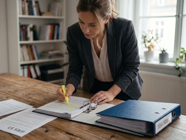 Person standing at the worktable, reviewing an open binder. Beside it on the right is a binder label