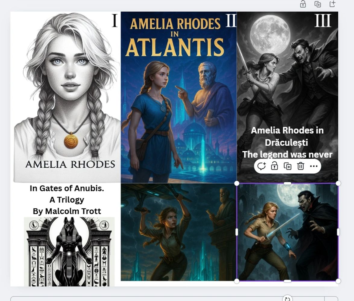 Book covers from the Amelia Rhodes trilogy by Malcolm Trott featuring adventure and mystery.