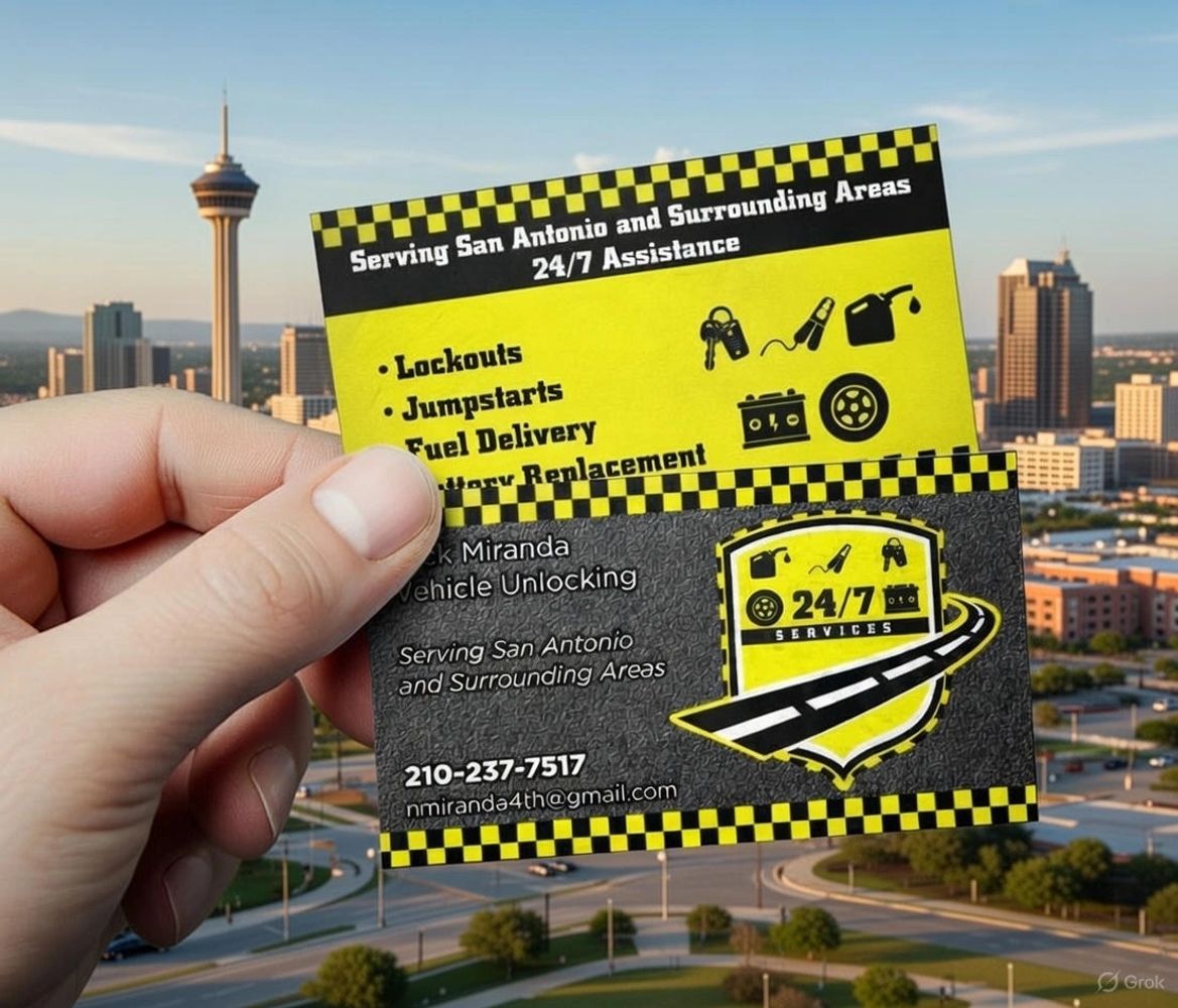 Hand holding a yellow and black vehicle unlocking service business card in San Antonio.