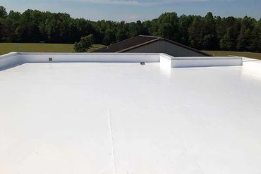 A clean, white flat roof with a backdrop of trees and a building.