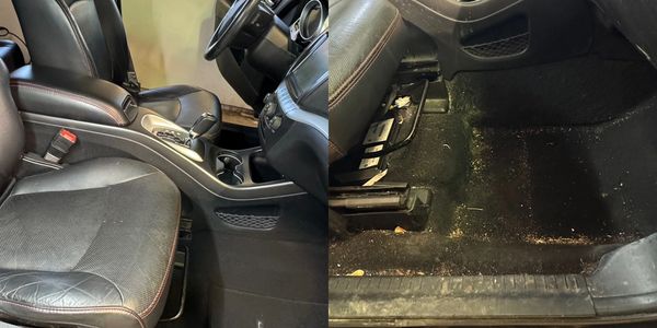 Before and after cleaning a car floor and seat area.