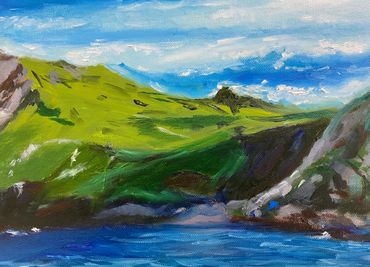 A serene landscape painting of green hills and blue water under a partly cloudy sky.