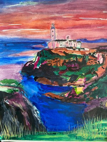 Twilight at the Light House. Ballycotton Light House. County Cork. Ireland. Watercolor.