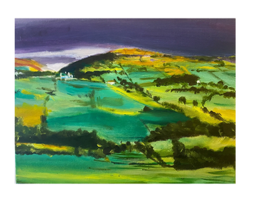 Vibrant landscape painting with green fields and a dark sky.