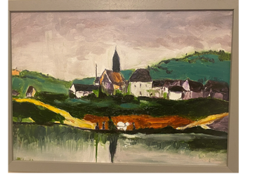 Impressionistic painting of a village by a river with lush hills and a cloudy sky.
