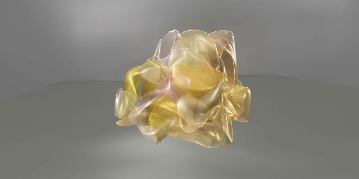 A translucent, golden abstract shape floating on a gray background.