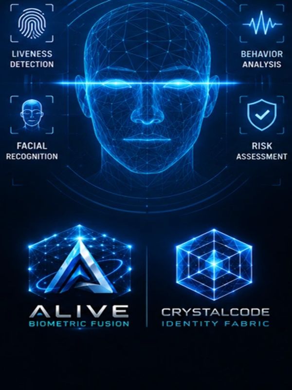 Futuristic biometric fusion and identity fabric with facial recognition and behavior analysis.