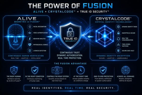 Illustration of ALIVE and CrystalCode fusion for advanced biometric security.