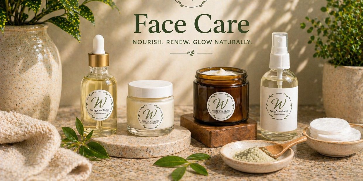 Natural face care products displayed with plants and soft lighting.