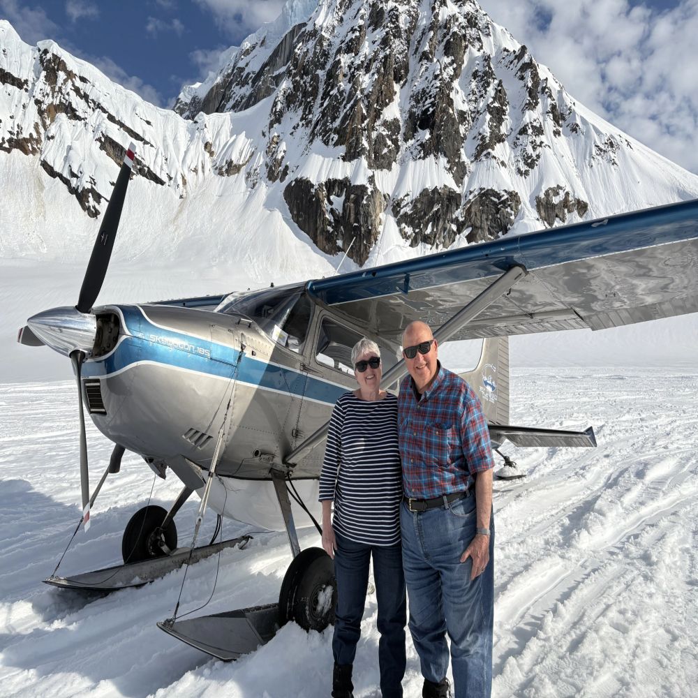 Darlene and Stormy on a glacier in Denali National Park in Alaska 2025.