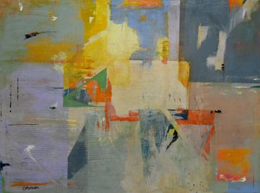 Abstract painting with geometric shapes in muted colors.