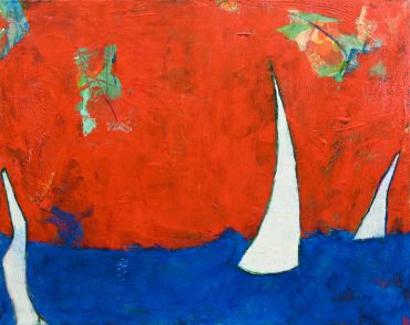 Abstract painting of sailboats on a blue sea with red sky.