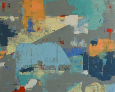 Abstract painting with blue, orange, and gray shapes.