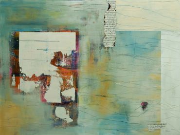 Abstract artwork with torn paper and textured colors.