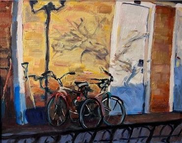Painting of two bicycles against a brick wall and a door with shadows.