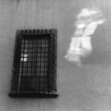 Black and white photo of a barred window with a shadow reflection on a wall.