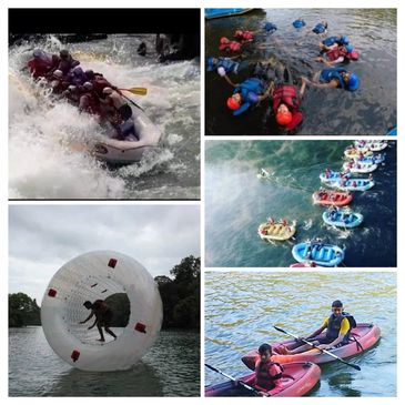 People rafting in white water rapids with life jackets and helmets.
