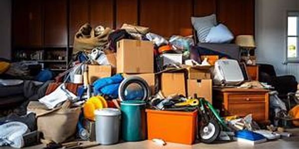 Cluttered room filled with boxes and household items.