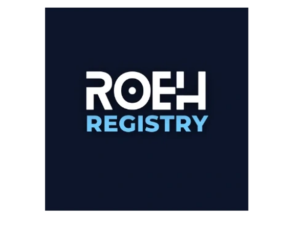Logo of ROEH Registry with white and blue text on dark background.