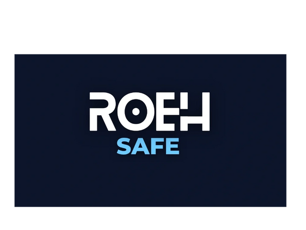 Logo with text 'ROEH SAFE' in white and blue on a dark background.