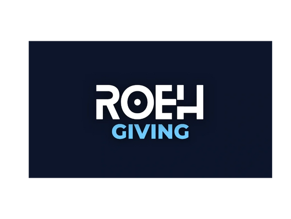 Roeh Giving logo with bold white and blue text on dark background.