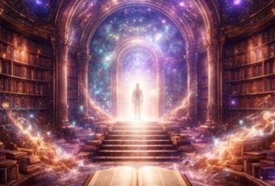 Mystical figure in a glowing, ancient library.