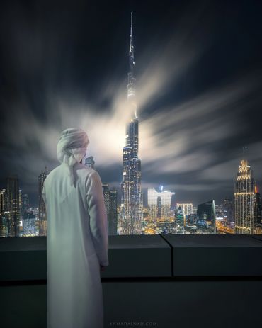 Burj Khalifa view with low clouds hitting the tower Dubai fine art cityscapes by Ahmad Alnaji