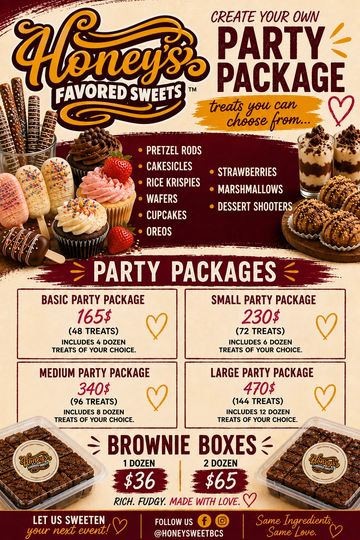 Honey's Favored Sweets party packages and brownie boxes with pricing.