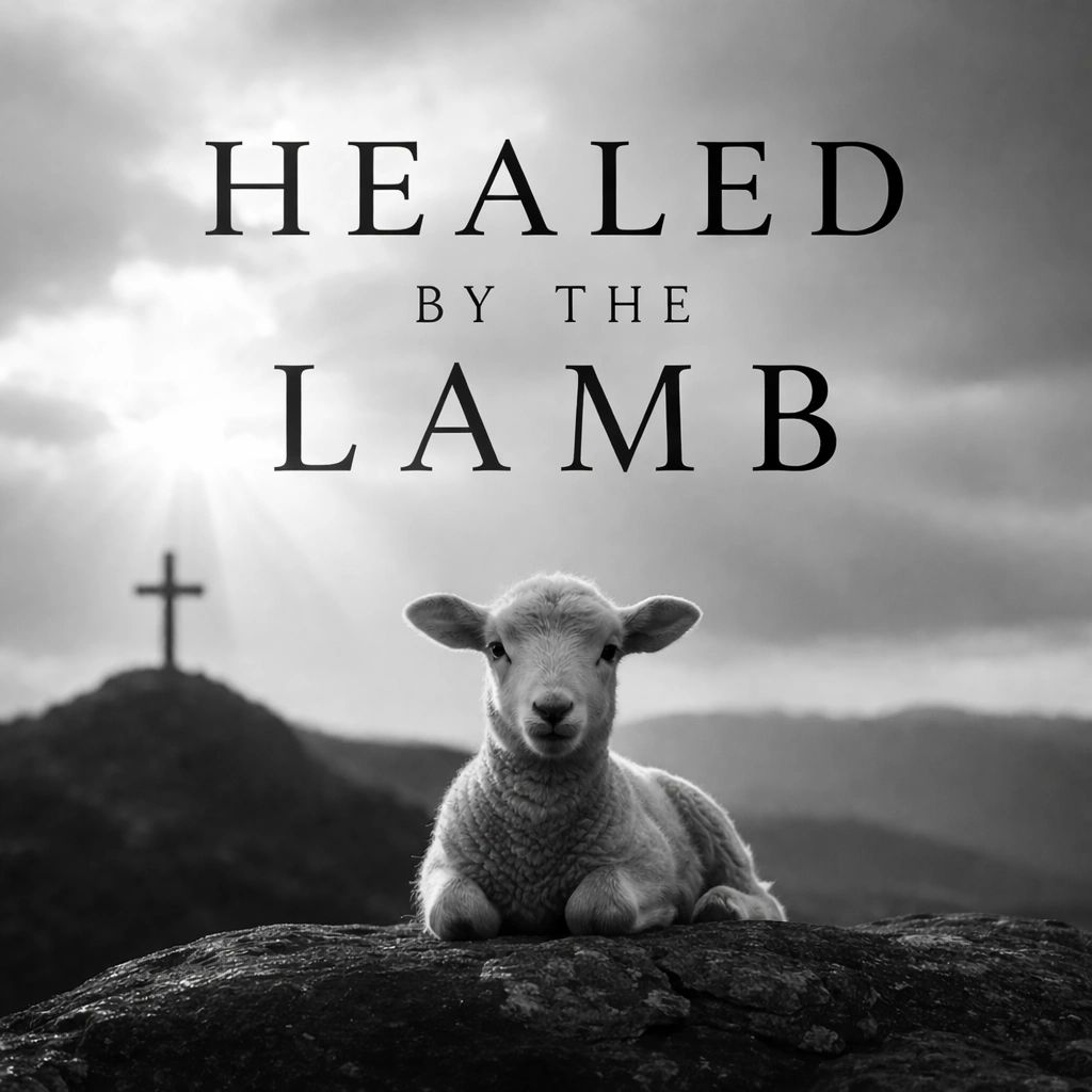 A lamb rests on a rock with a cross in the background and text "Healed by the Lamb."