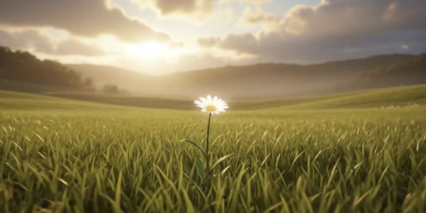 A single daisy stands tall in a vast green field at sunrise.