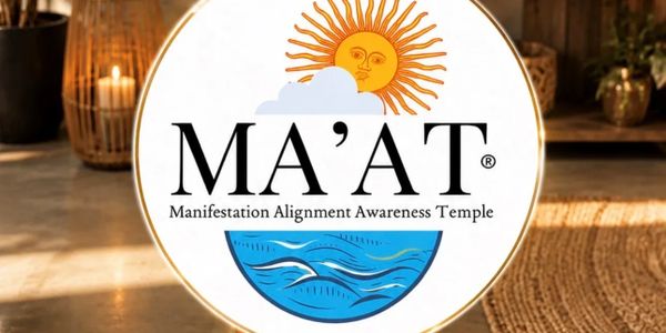 Logo of MA'AT with sun, water, and text about alignment and awareness.