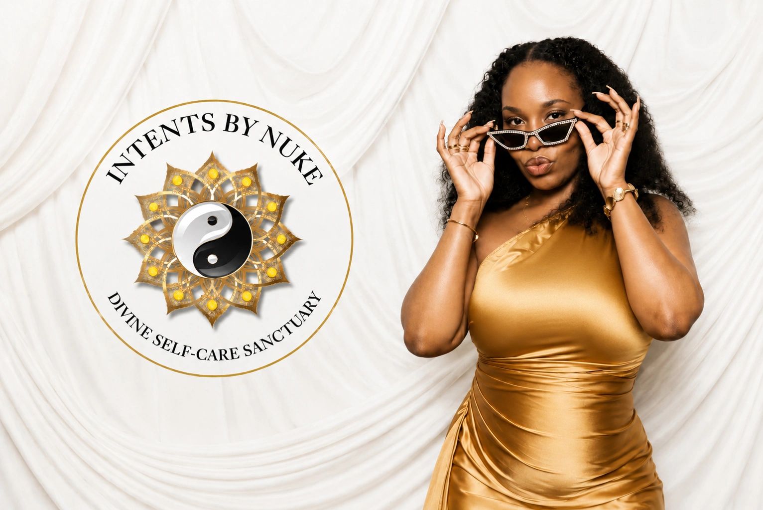 Confident woman in gold dress adjusting sunglasses beside a self-care sanctuary logo.