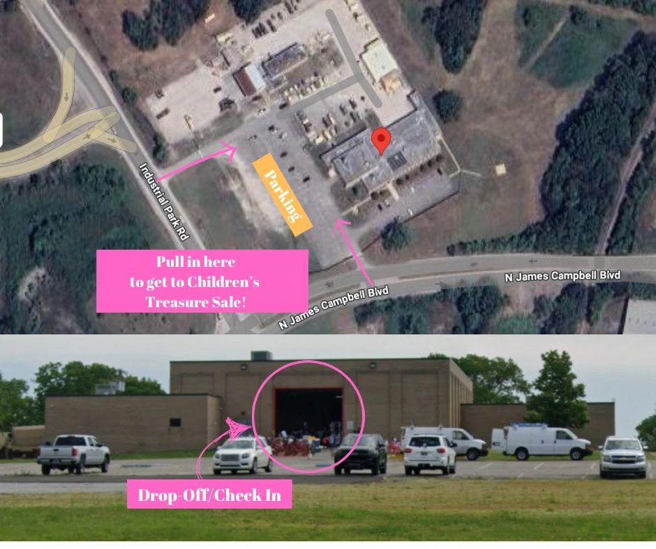 Aerial and ground view directions for a Children's Treasure Sale event location.