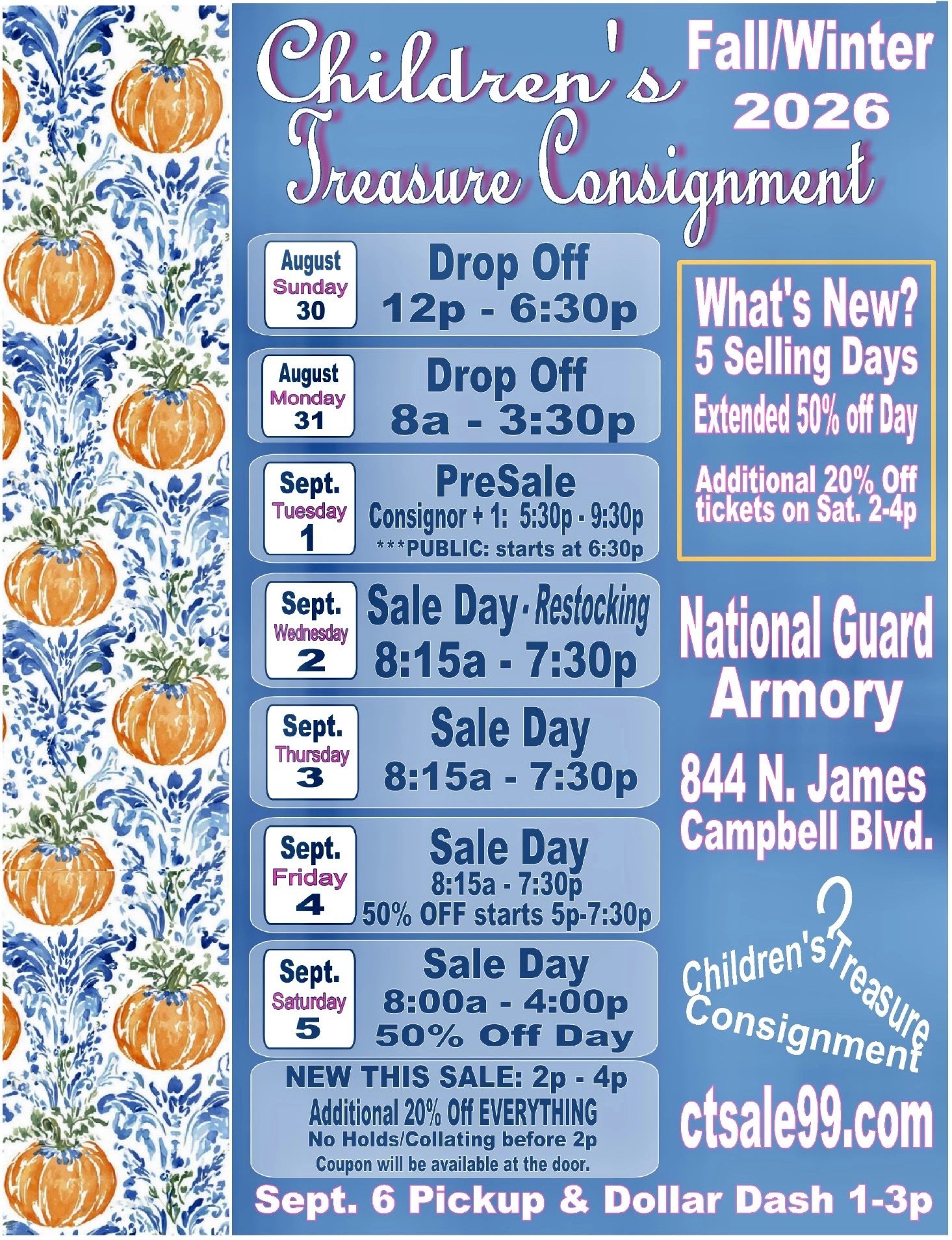 Schedule for Children's Treasure Consignment Fall/Winter 2026 sale events and discounts.